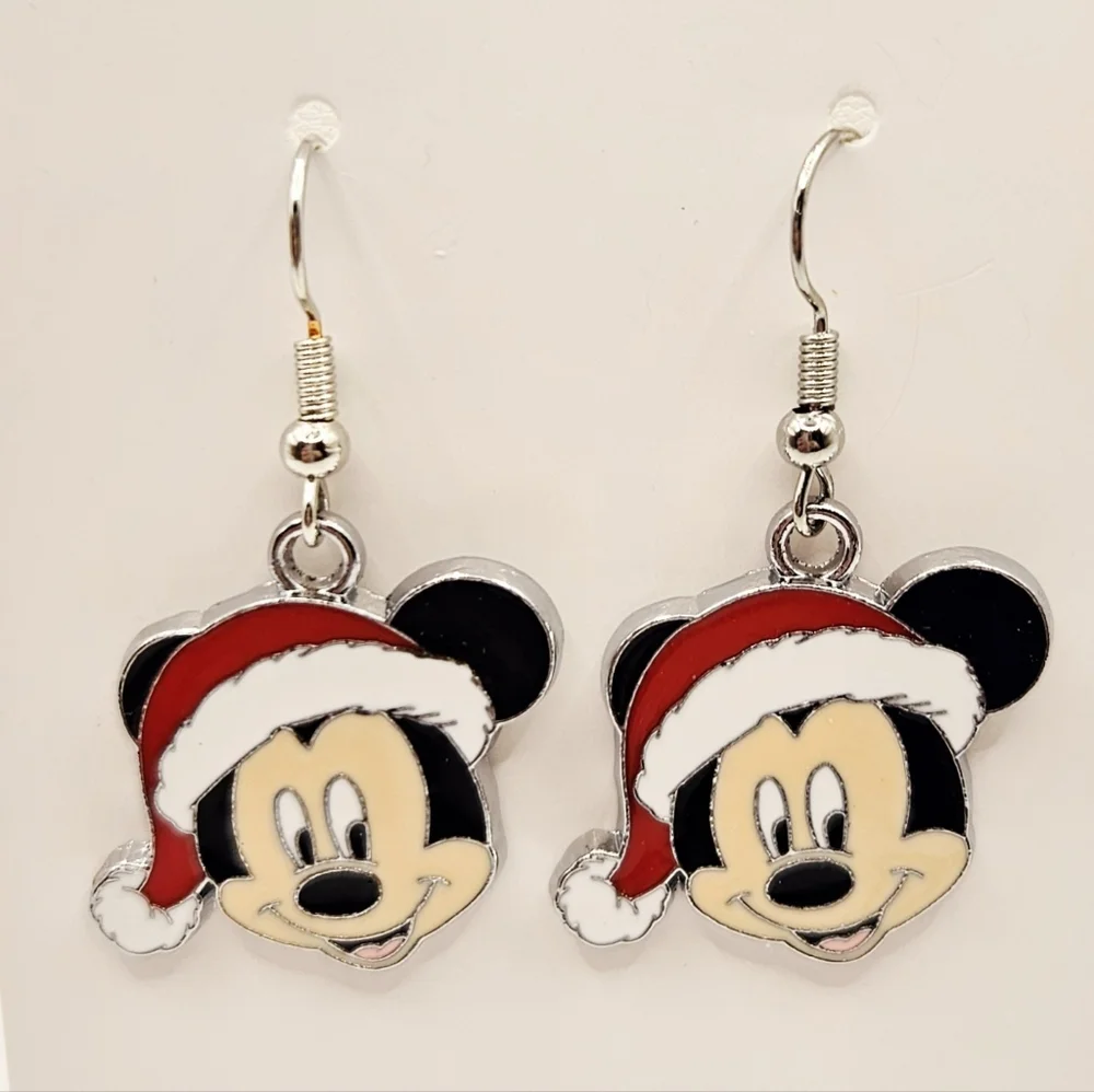 Christmas Mouse Santa Hat Dangle Earrings Holiday Novelty Stainless Hooks New